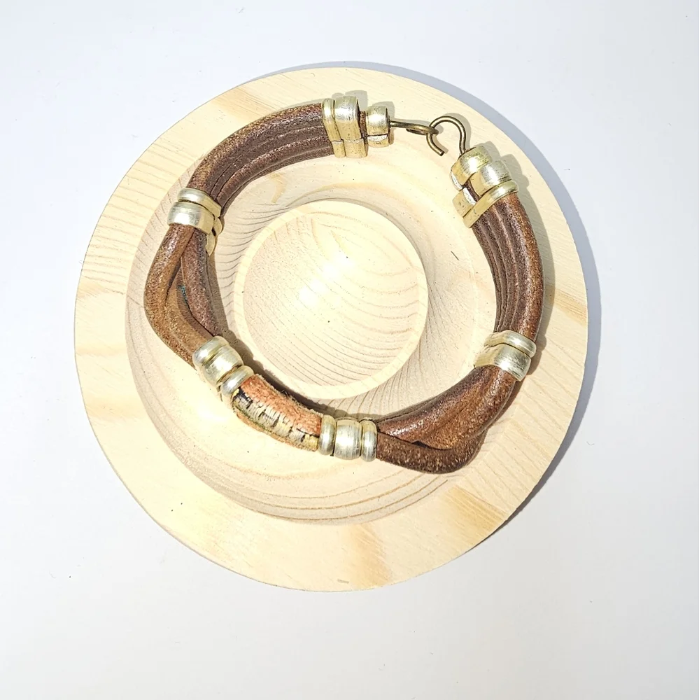 Boho Brown Leather Bracelet with Gold Hardware Accents